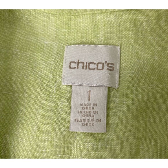 Chico's Button Up Tunic Shirt Size 1 Green 100% Linen Sleeveless Longline Slit - Picture 9 of 12